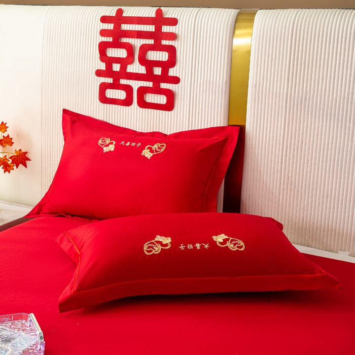 91家纺网 家纺一手货源 找家纺 银石 2025新款长绒棉婚庆绣花四件套 大喜日子-金