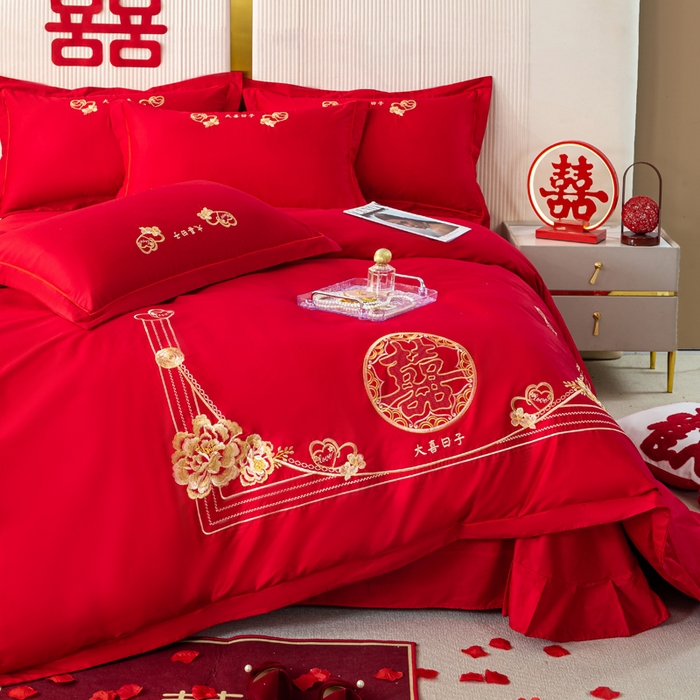 91家纺网 家纺一手货源 找家纺 银石 2025新款长绒棉婚庆绣花四件套 大喜日子-金