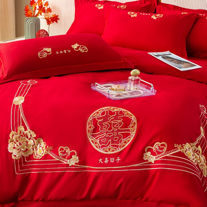 91家纺网 家纺一手货源 找家纺 银石 2025新款长绒棉婚庆绣花四件套 大喜日子-金