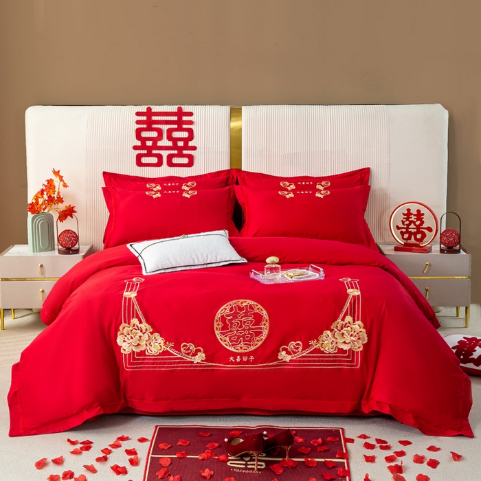 银石 2025新款长绒棉婚庆绣花四件套 大喜日子-金