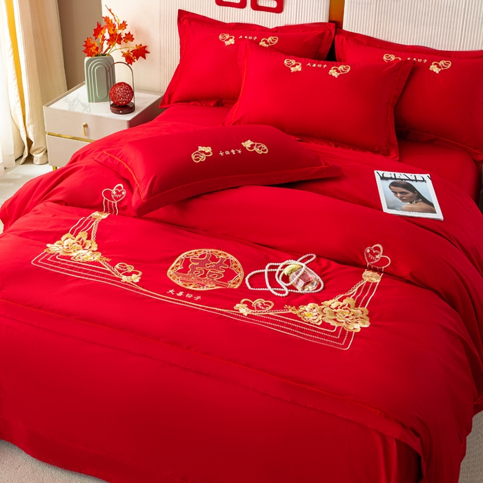 91家纺网 家纺一手货源 找家纺 银石 2025新款长绒棉婚庆绣花四件套 大喜日子-金