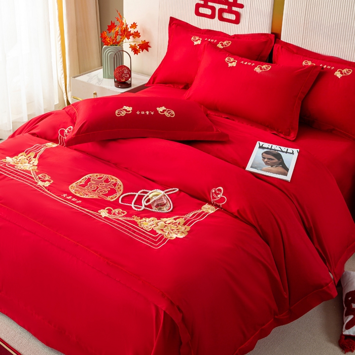 91家纺网 家纺一手货源 找家纺 银石 2025新款长绒棉婚庆绣花四件套 大喜日子-金