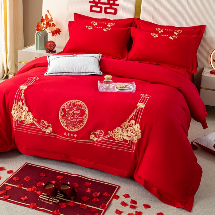 91家纺网 家纺一手货源 找家纺 银石 2025新款长绒棉婚庆绣花四件套 大喜日子-金