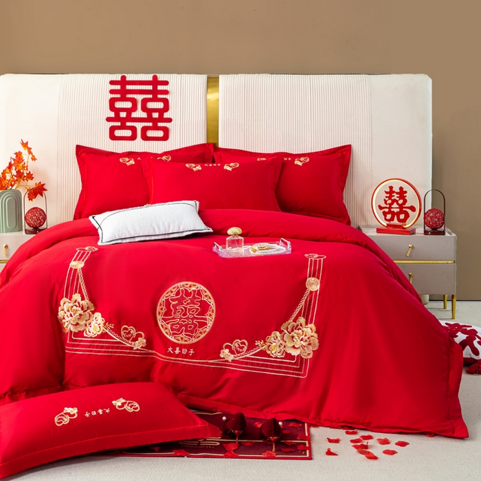 91家纺网 家纺一手货源 找家纺 银石 2025新款长绒棉婚庆绣花四件套 大喜日子-金