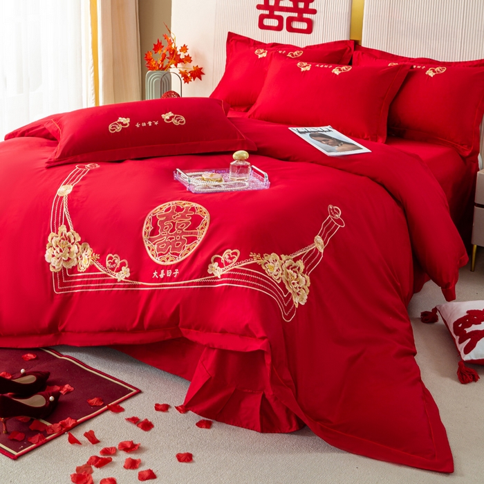 91家纺网 家纺一手货源 找家纺 银石 2025新款长绒棉婚庆绣花四件套 大喜日子-金