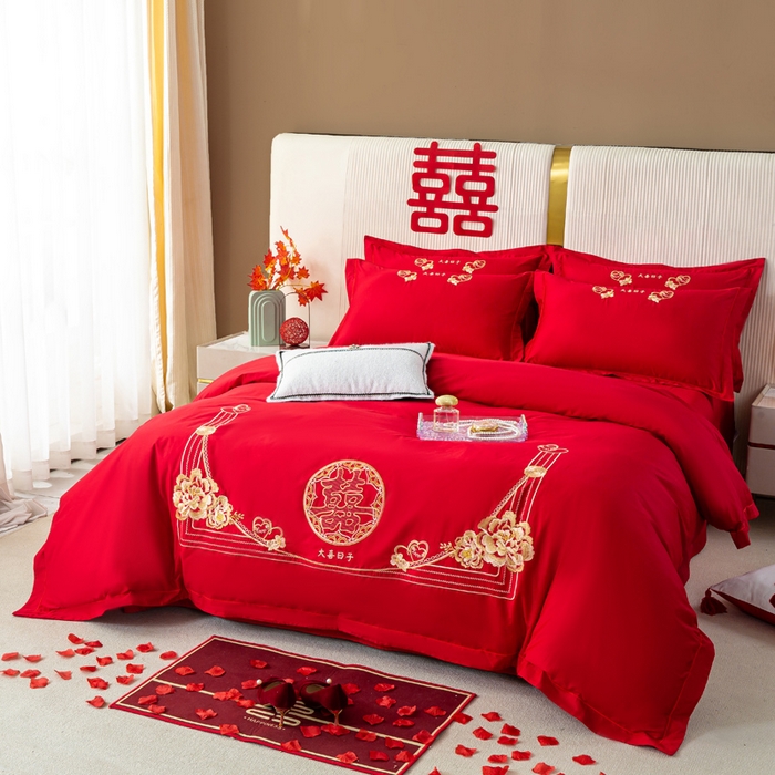 91家纺网 家纺一手货源 找家纺 银石 2025新款长绒棉婚庆绣花四件套 大喜日子-金