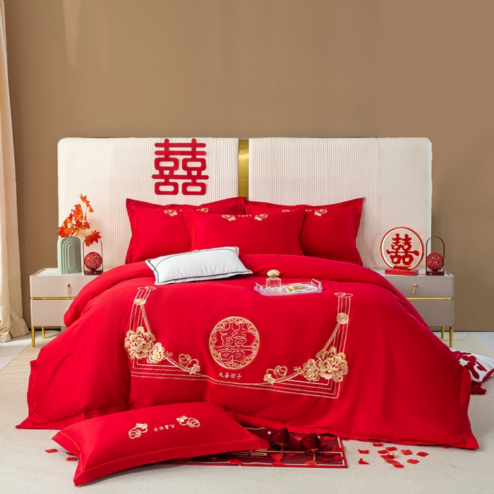 91家纺网 家纺一手货源 找家纺 银石 2025新款长绒棉婚庆绣花四件套 大喜日子-金