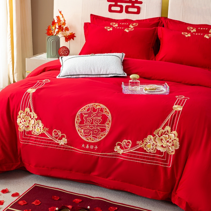 91家纺网 家纺一手货源 找家纺 银石 2025新款长绒棉婚庆绣花四件套 大喜日子-金