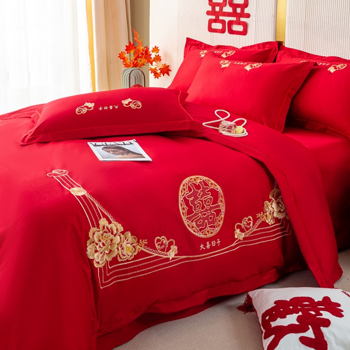 91家纺网 家纺一手货源 找家纺 银石 2025新款长绒棉婚庆绣花四件套 大喜日子-金