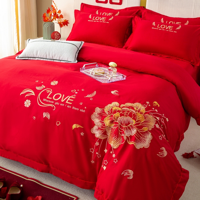 91家纺网 家纺一手货源 找家纺 银石 2025新款长绒棉婚庆绣花四件套 盛世爱恋