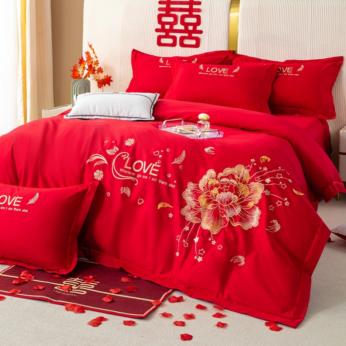 91家纺网 家纺一手货源 找家纺 银石 2025新款长绒棉婚庆绣花四件套 盛世爱恋