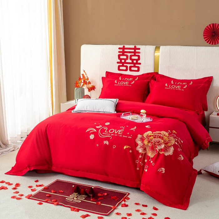 91家纺网 家纺一手货源 找家纺 银石 2025新款长绒棉婚庆绣花四件套 盛世爱恋