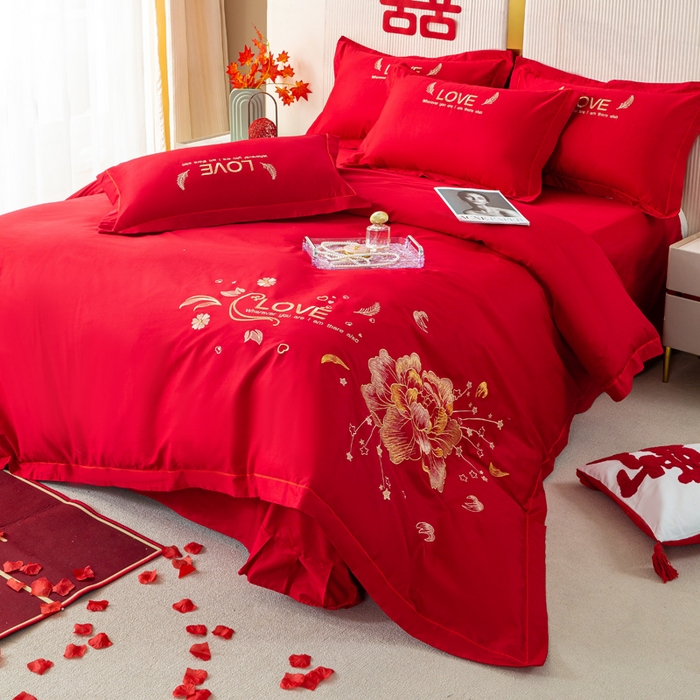 91家纺网 家纺一手货源 找家纺 银石 2025新款长绒棉婚庆绣花四件套 盛世爱恋