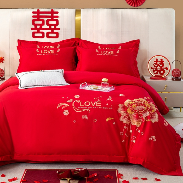 91家纺网 家纺一手货源 找家纺 银石 2025新款长绒棉婚庆绣花四件套 盛世爱恋