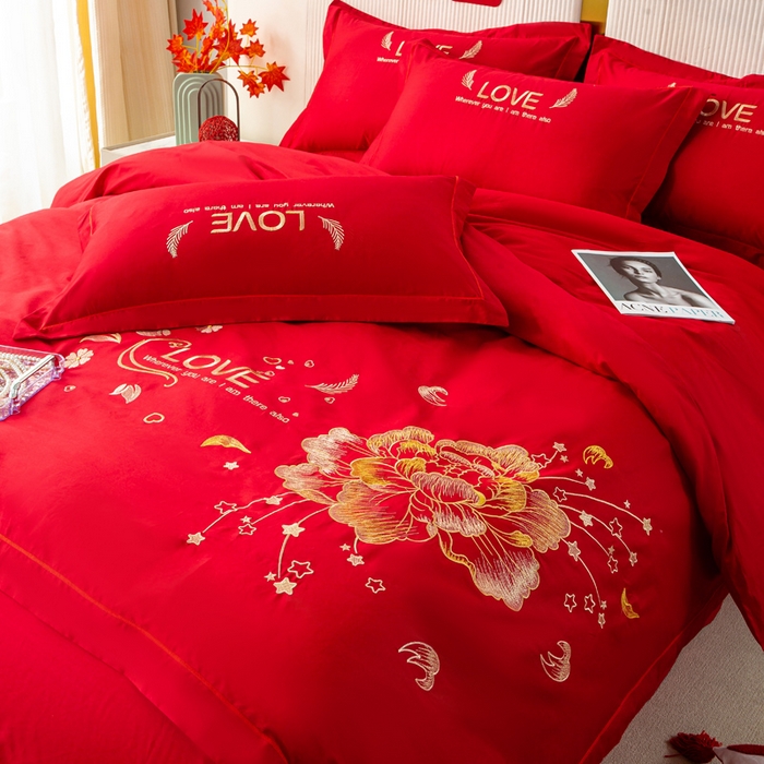 91家纺网 家纺一手货源 找家纺 银石 2025新款长绒棉婚庆绣花四件套 盛世爱恋