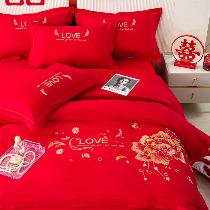 91家纺网 家纺一手货源 找家纺 银石 2025新款长绒棉婚庆绣花四件套 盛世爱恋