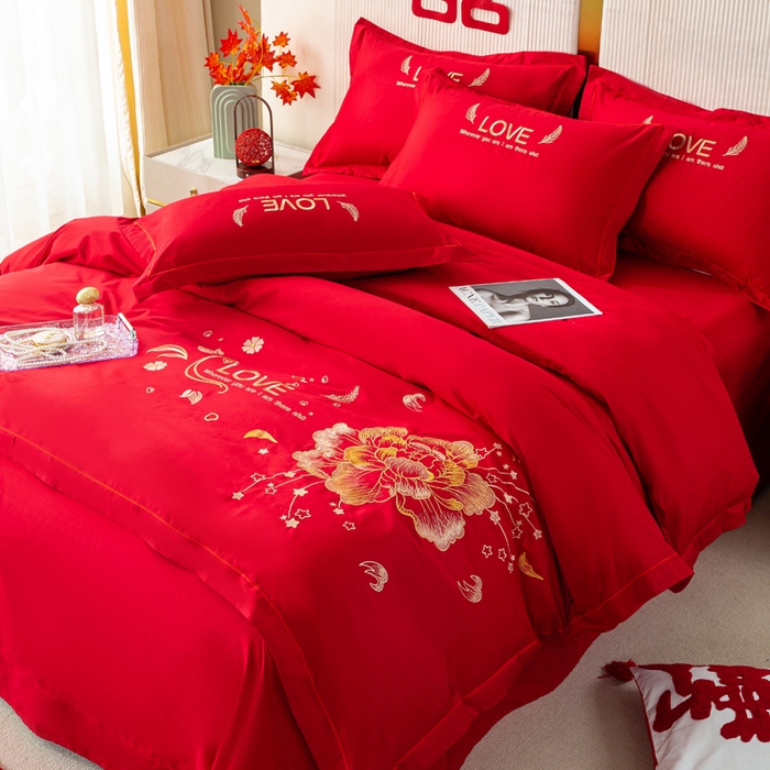 91家纺网 家纺一手货源 找家纺 银石 2025新款长绒棉婚庆绣花四件套 盛世爱恋