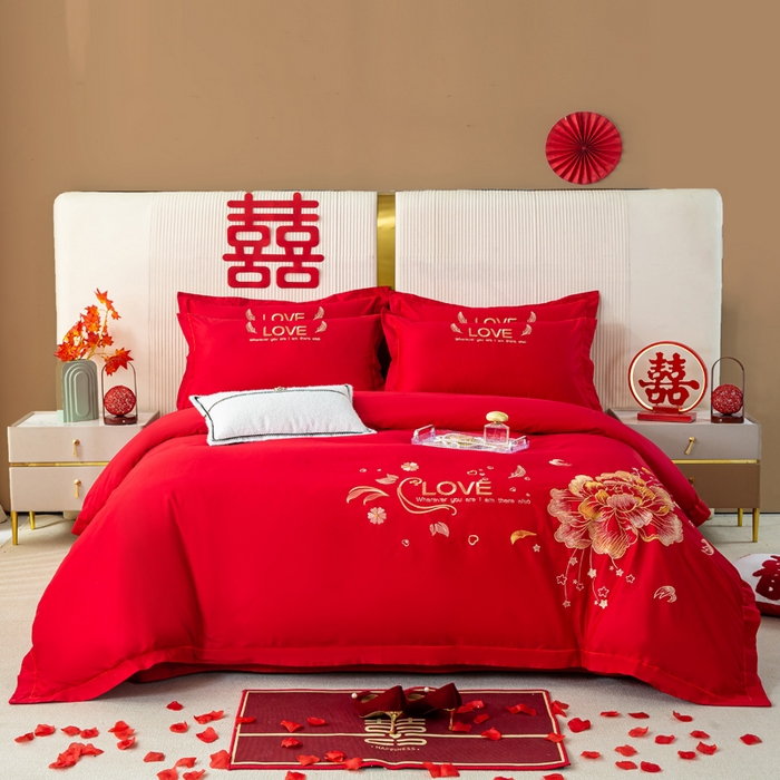 银石 2025新款长绒棉婚庆绣花四件套 盛世爱恋