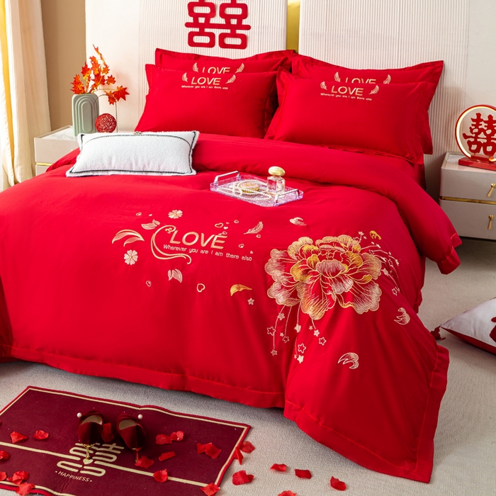 91家纺网 家纺一手货源 找家纺 银石 2025新款长绒棉婚庆绣花四件套 盛世爱恋