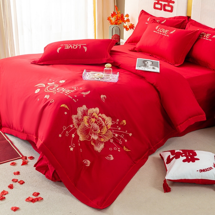 91家纺网 家纺一手货源 找家纺 银石 2025新款长绒棉婚庆绣花四件套 盛世爱恋