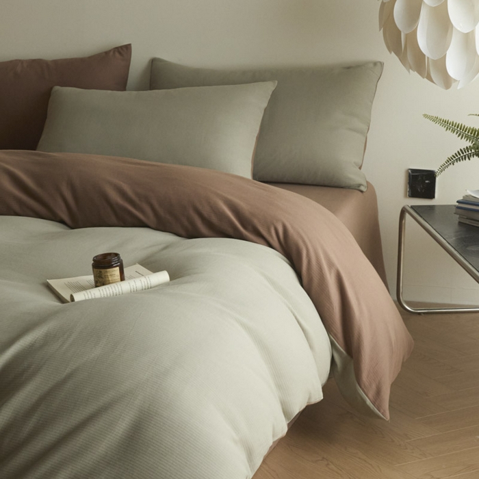 91家纺网 家纺一手货源 找家纺 ab家纺 2025新款全棉纯棉磨毛提花四件套 浅绿-迷雾棕