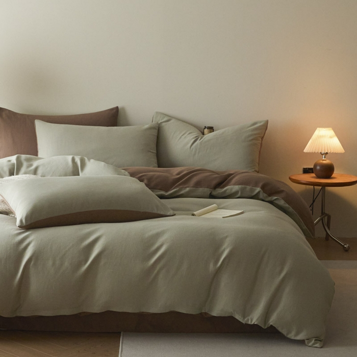 91家纺网 家纺一手货源 找家纺 ab家纺 2025新款全棉纯棉磨毛提花四件套 浅绿-迷雾棕