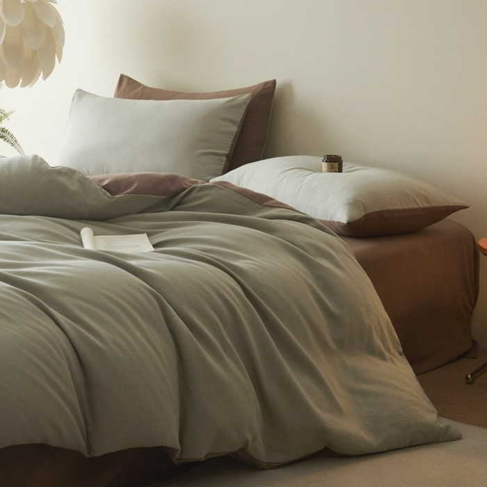 91家纺网 家纺一手货源 找家纺 ab家纺 2025新款全棉纯棉磨毛提花四件套 浅绿-迷雾棕