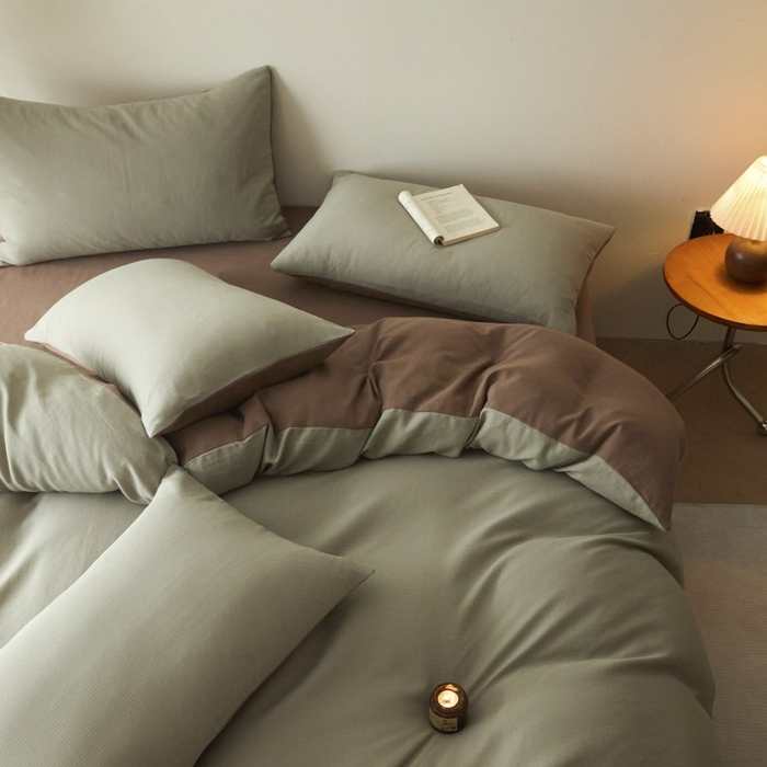 91家纺网 家纺一手货源 找家纺 ab家纺 2025新款全棉纯棉磨毛提花四件套 浅绿-迷雾棕