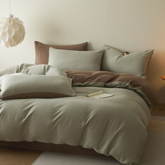 91家纺网 家纺一手货源 找家纺 ab家纺 2025新款全棉纯棉磨毛提花四件套 浅绿-迷雾棕