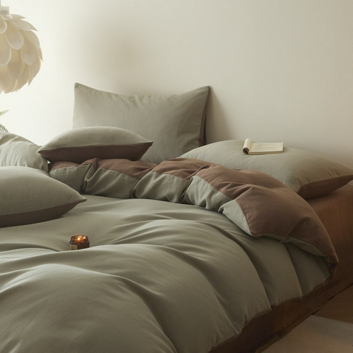 91家纺网 家纺一手货源 找家纺 ab家纺 2025新款全棉纯棉磨毛提花四件套 浅绿-迷雾棕