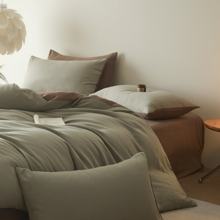 91家纺网 家纺一手货源 找家纺 ab家纺 2025新款全棉纯棉磨毛提花四件套 浅绿-迷雾棕