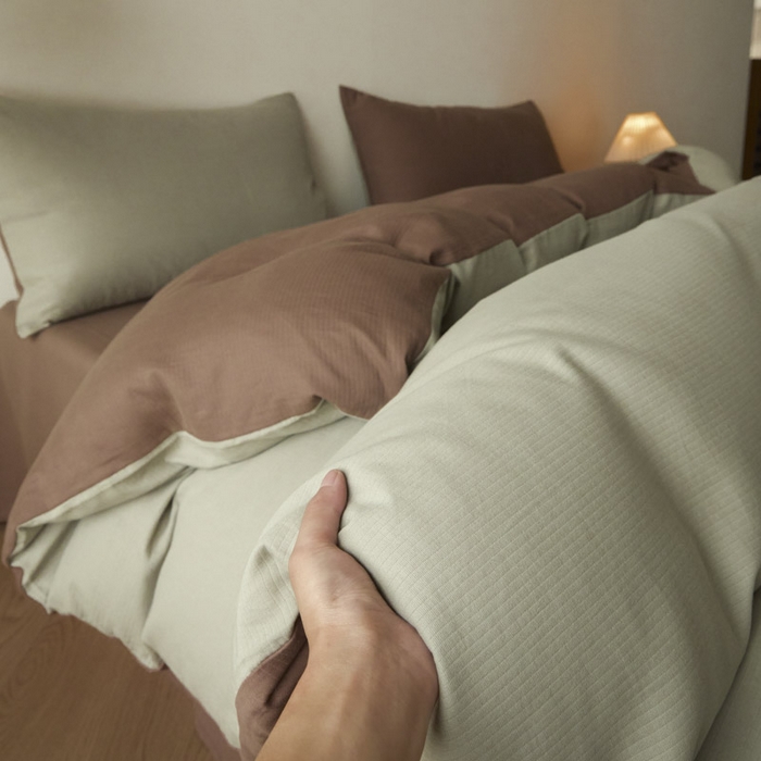 91家纺网 家纺一手货源 找家纺 ab家纺 2025新款全棉纯棉磨毛提花四件套 浅绿-迷雾棕