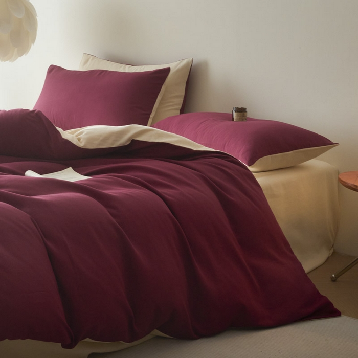 91家纺网 家纺一手货源 找家纺 ab家纺 2025新款全棉纯棉磨毛提花四件套 樱桃红-米杏