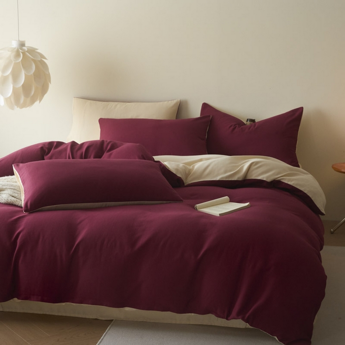 91家纺网 家纺一手货源 找家纺 ab家纺 2025新款全棉纯棉磨毛提花四件套 樱桃红-米杏