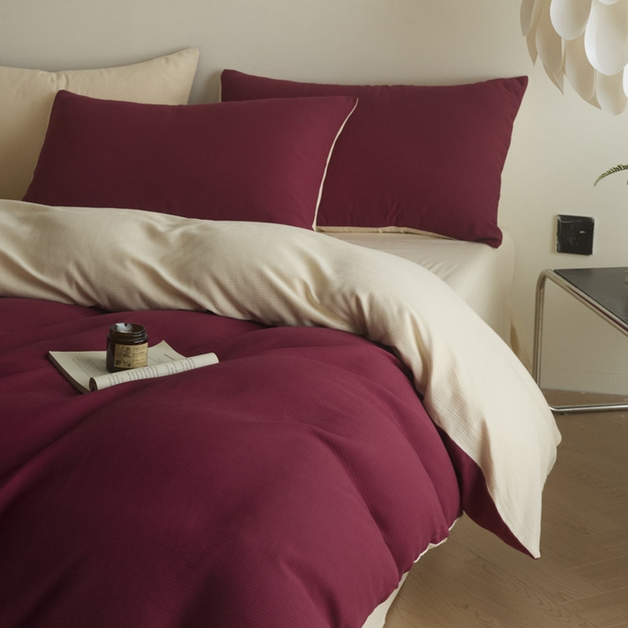 91家纺网 家纺一手货源 找家纺 ab家纺 2025新款全棉纯棉磨毛提花四件套 樱桃红-米杏