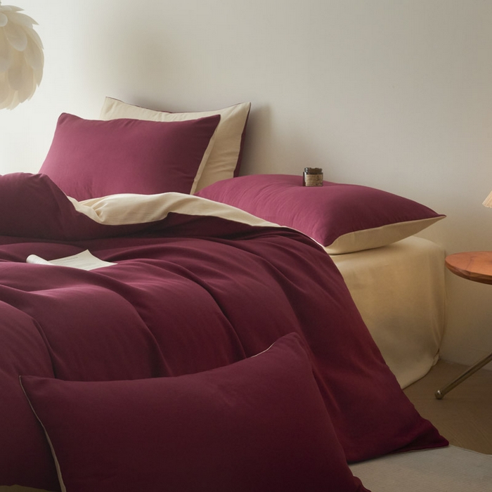 91家纺网 家纺一手货源 找家纺 ab家纺 2025新款全棉纯棉磨毛提花四件套 樱桃红-米杏