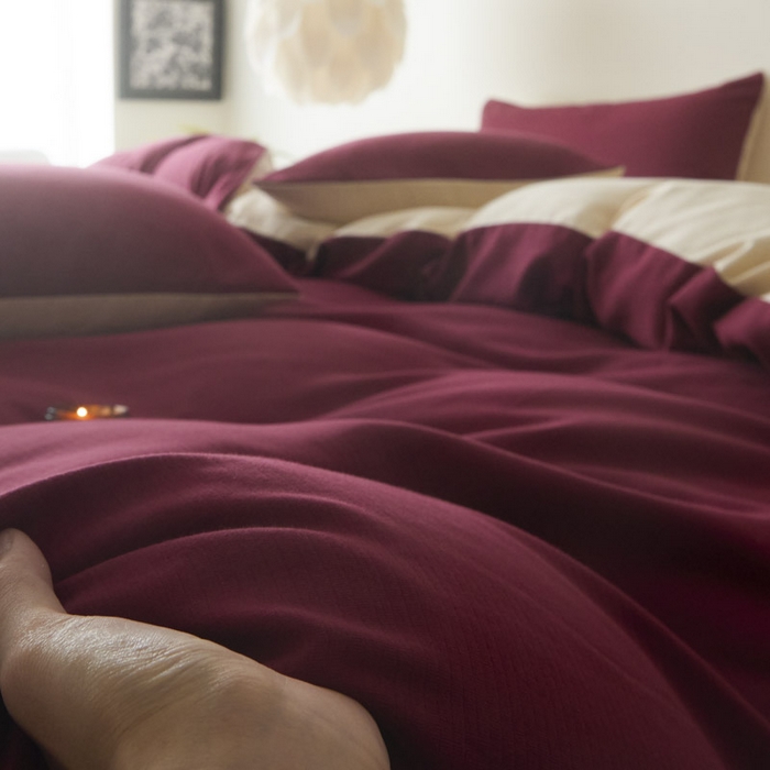 91家纺网 家纺一手货源 找家纺 ab家纺 2025新款全棉纯棉磨毛提花四件套 樱桃红-米杏