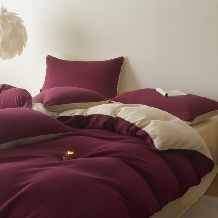 91家纺网 家纺一手货源 找家纺 ab家纺 2025新款全棉纯棉磨毛提花四件套 樱桃红-米杏