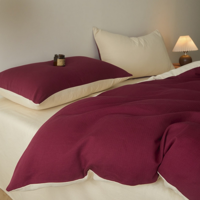 91家纺网 家纺一手货源 找家纺 ab家纺 2025新款全棉纯棉磨毛提花四件套 樱桃红-米杏