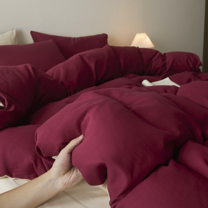 91家纺网 家纺一手货源 找家纺 ab家纺 2025新款全棉纯棉磨毛提花四件套 樱桃红-米杏