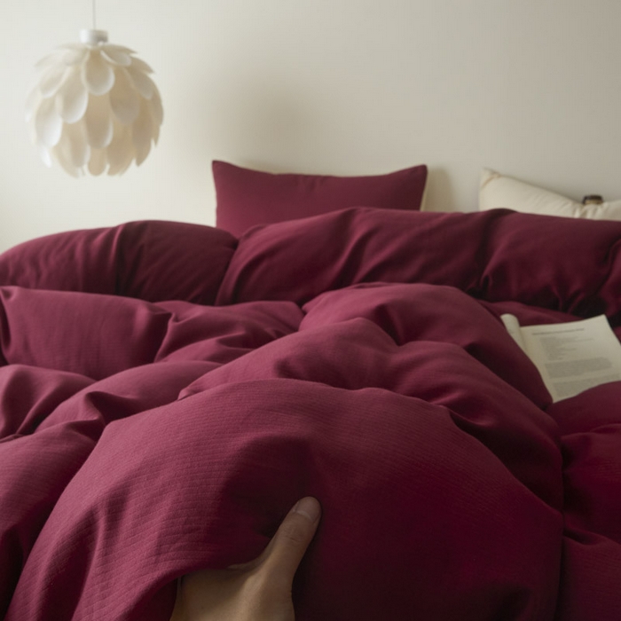 91家纺网 家纺一手货源 找家纺 ab家纺 2025新款全棉纯棉磨毛提花四件套 樱桃红-米杏