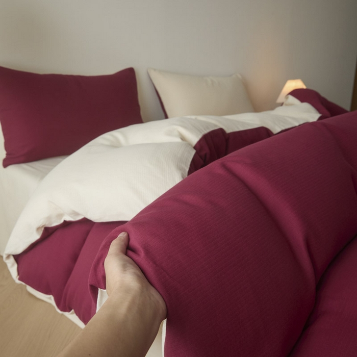 91家纺网 家纺一手货源 找家纺 ab家纺 2025新款全棉纯棉磨毛提花四件套 樱桃红-米杏