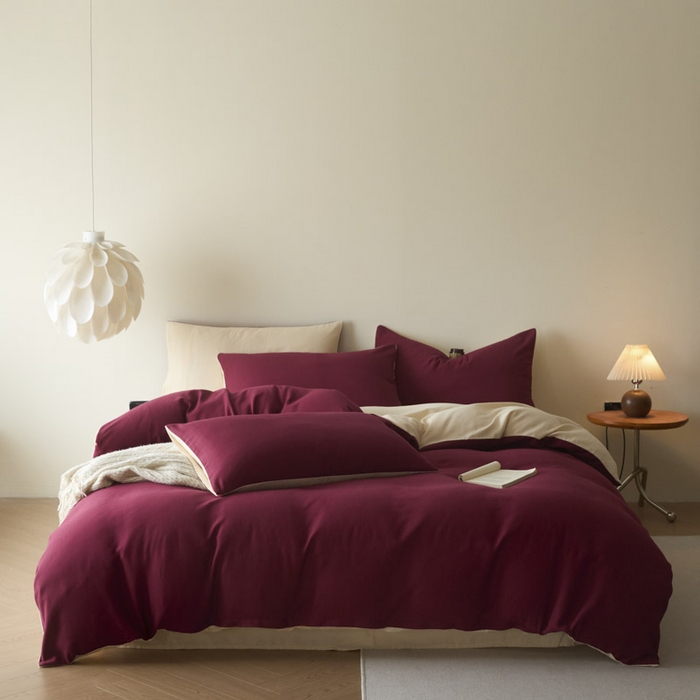 91家纺网 家纺一手货源 找家纺 ab家纺 2025新款全棉纯棉磨毛提花四件套 樱桃红-米杏