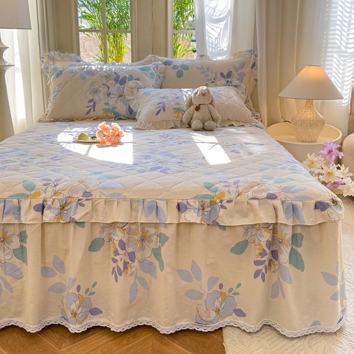 91家纺网 家纺一手货源 找家纺 美达2025全棉蕾丝小花边夹棉单床裙 如梦花季