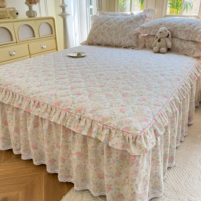 91家纺网 家纺一手货源 找家纺 美达2025全棉蕾丝小花边夹棉单床裙 嫣然花期-粉