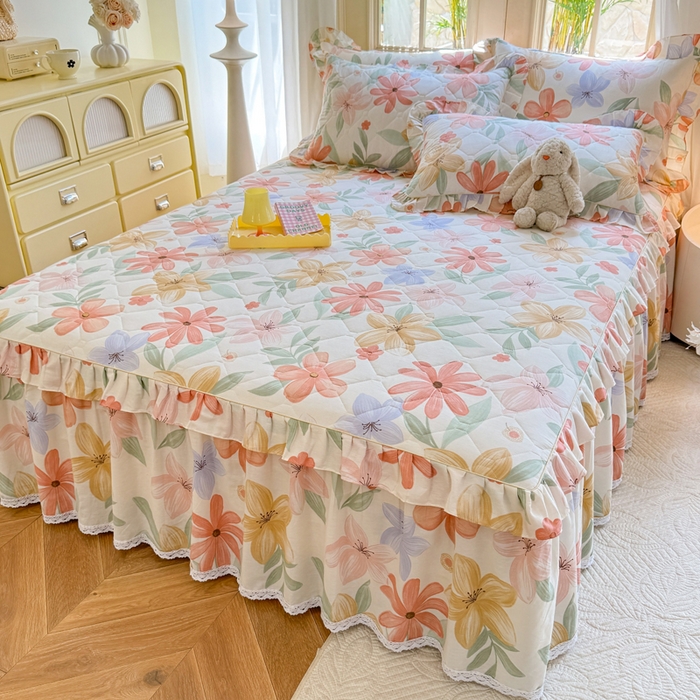 91家纺网 家纺一手货源 找家纺 美达2025全棉蕾丝小花边夹棉单床裙 云裳花谷