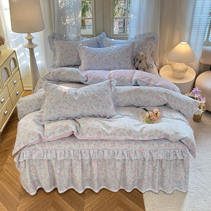 91家纺网 家纺一手货源 找家纺 美达家纺2025全棉蕾丝小花边夹棉床裙四件套 洛琳-兰