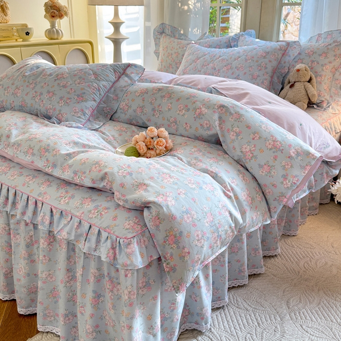 91家纺网 家纺一手货源 找家纺 美达家纺2025全棉蕾丝小花边夹棉床裙四件套 洛琳-兰