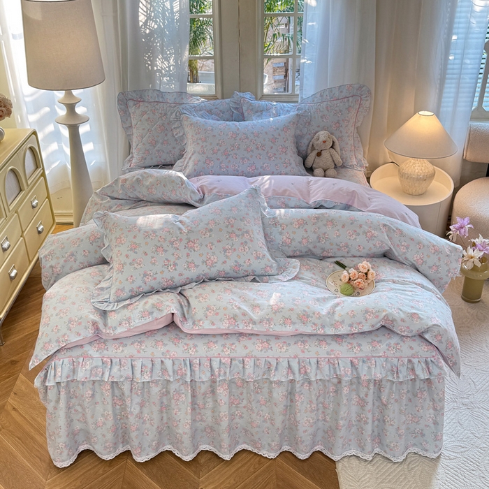 美达家纺2025全棉蕾丝小花边夹棉床裙四件套 洛琳-兰