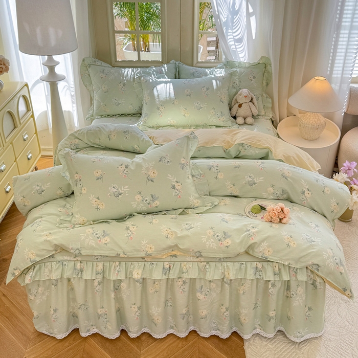 美达家纺2025全棉蕾丝小花边夹棉床裙四件套 千羽花信